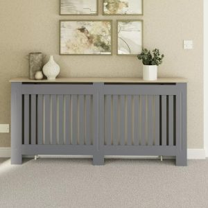 Longslow Extra Large Radiator Cover Grey MDF Slatted Wood Top Shelf Storage