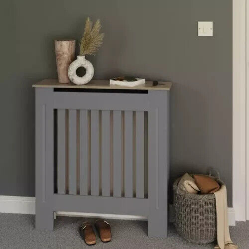 Longslow Small Grey Radiator MDF Cover Slatted Wood Design Top Shelf Storage