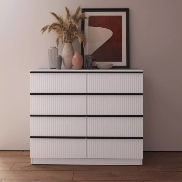 Ripple Effect White 8 Drawer Chest Of Drawers Scalloped Fronts Melamine coating