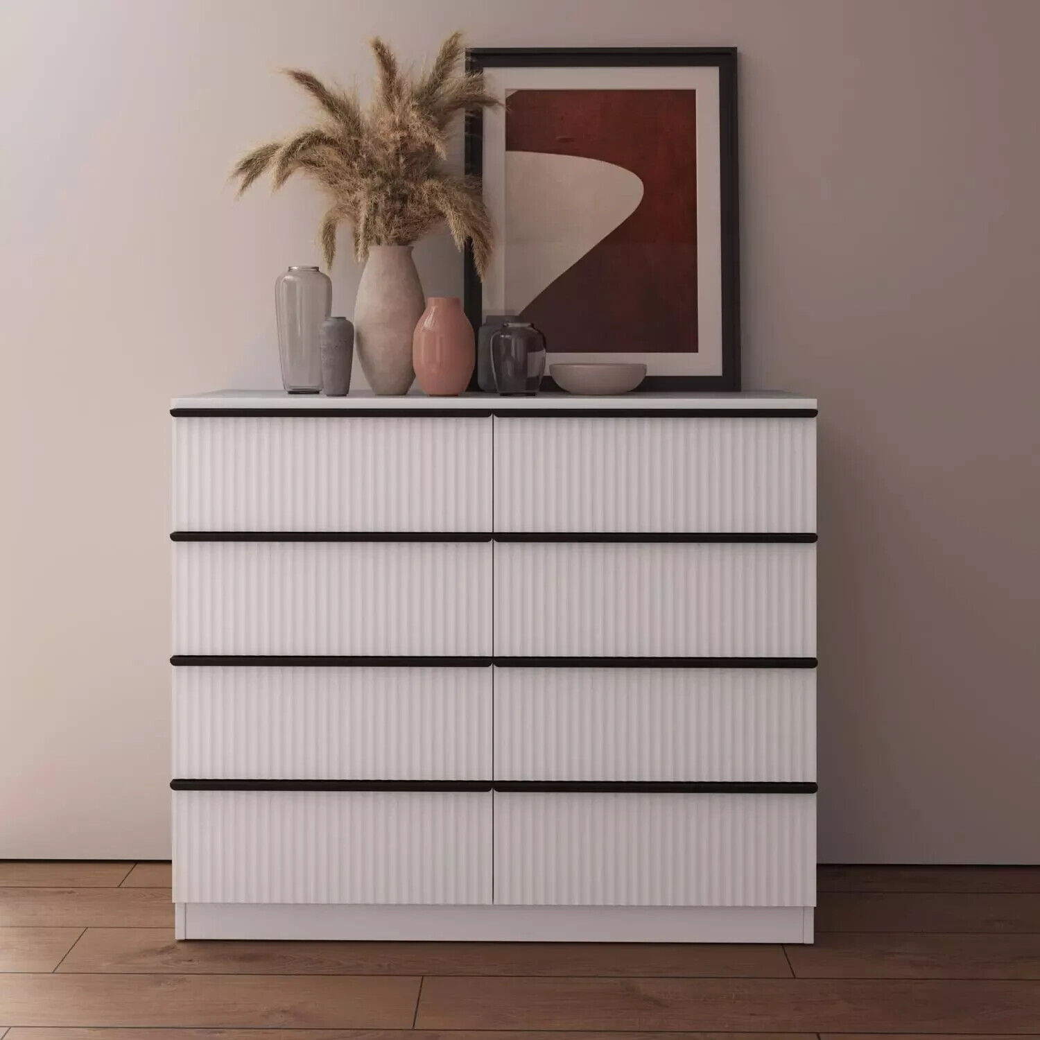 Ripple Effect White 8 Drawer Chest Of Drawers Scalloped Fronts Melamine coating