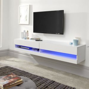 150cm Galicia LED Cool Light up High Gloss Wall Mounted TV Unit Storage White