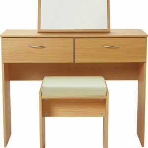 Cheval Oak 2 Drawer Dressing Table with Mirror & Lamp; Padded Stool Dresser Desk O