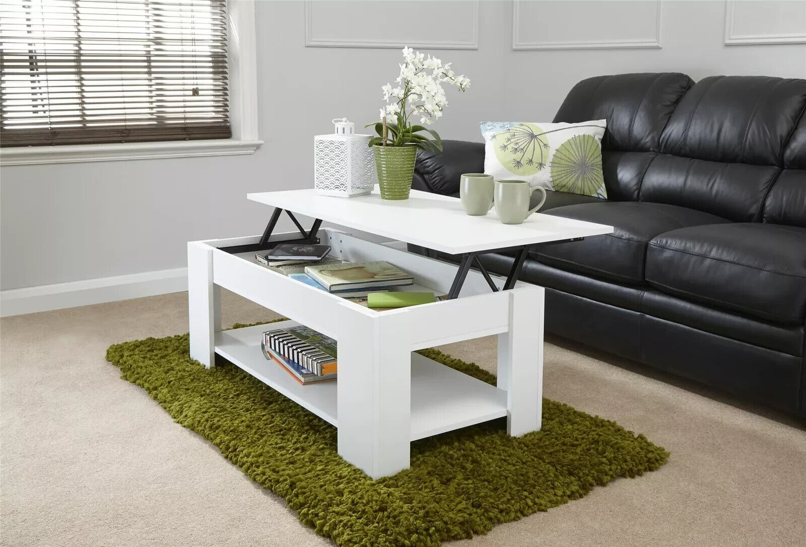 Lift Up Coffee Table in White with hidden storage H39.5cm x W105cm x D50cm