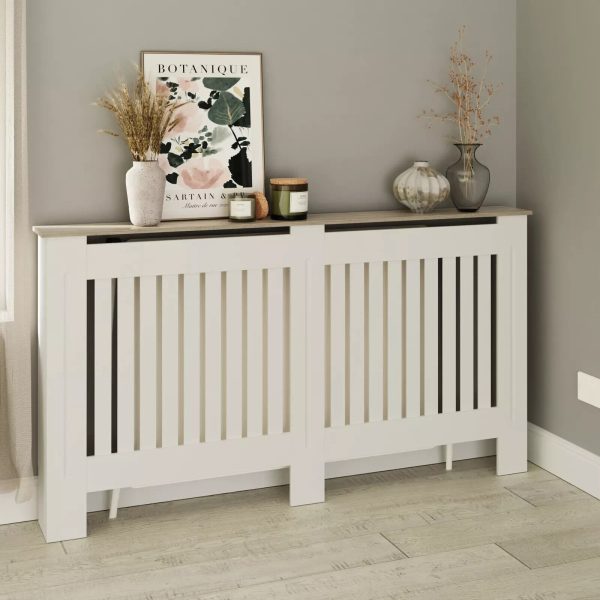 Longslow Large White Radiator Cover Slatted Wood Design Top Shelf Storage