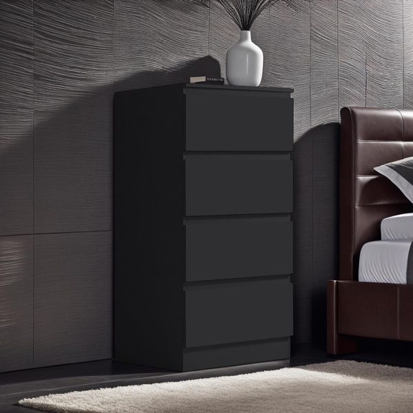 Matt Black 4 Drawer Chest Of Drawers Bedside Scratch Resistant Tall Slim