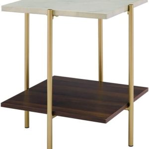 Mid Century Modern Glam Square Side End Table Open Storage marble effect