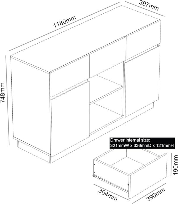 Sampford 2 Door 3 Drawers & 2 Shelves Sideboard Storage cool white 75x118x40cm - Image 6