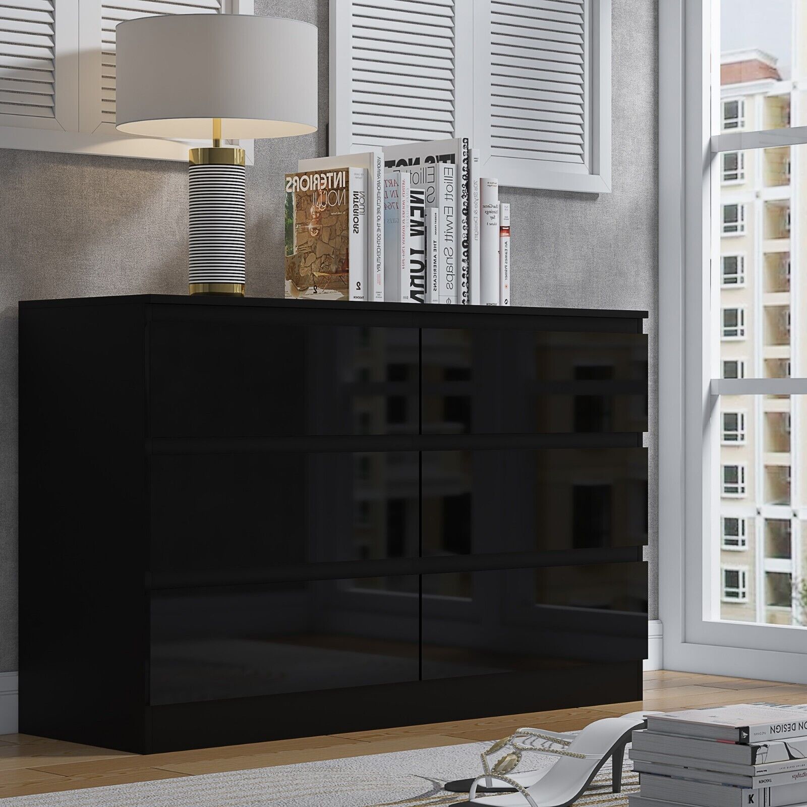 Stora Chest of 6 Drawers Black Gloss Front Drawers Black Matt Frame