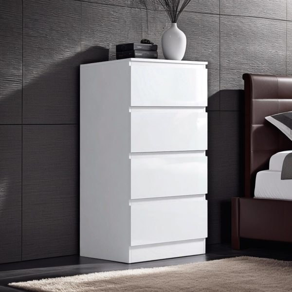 White 4 Drawer Chest Of Drawers Bedside High Gloss Scratch Resistant Tall Slim