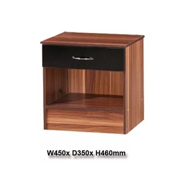 Black Gloss and French Walnut Bedside Cabinet Gloss drawer front Walnut frame - Image 2