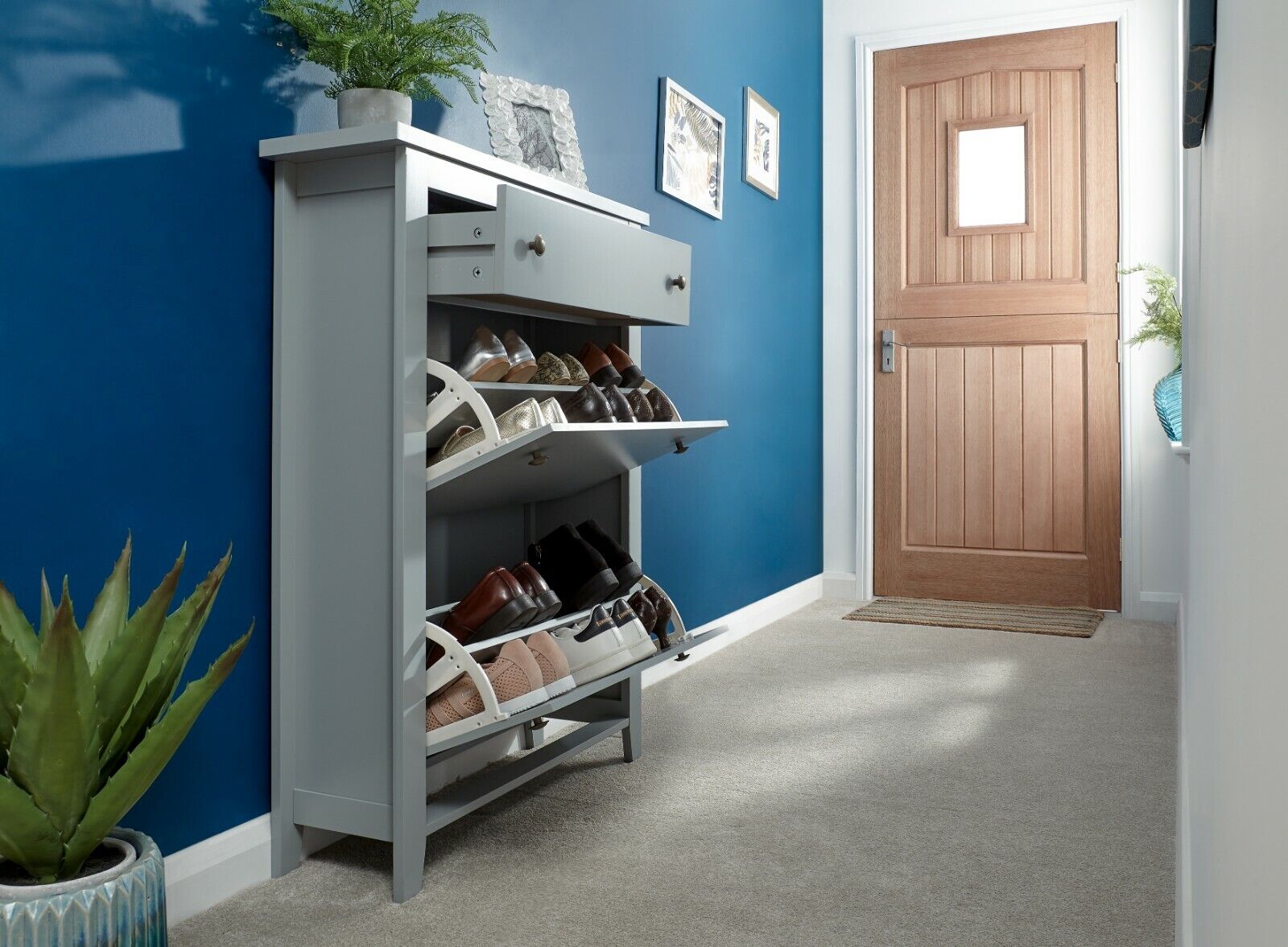 GREY Deluxe 2 Door 1 Drawer Shoe Storage Cabinet Storage