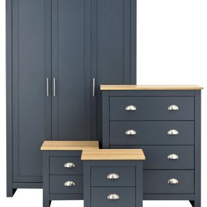 Lancaster 4 Piece bedroom set 3 Door Robe + 2 Bedside + 4 drawer chest Blue Grey
