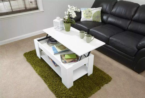 Lift Up Coffee Table in White with hidden storage practical and stylish