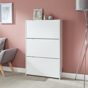 NARROW HIGH GLOSS 3 TIER SHOE CABINET WHITE