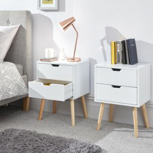 Pair Nyborg 2 drawer bed side chest of Drawers cabinet Scandinavian style White