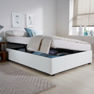 Side Lift Up 5ft King Size Ottoman bed Faux Leather Storage bed White