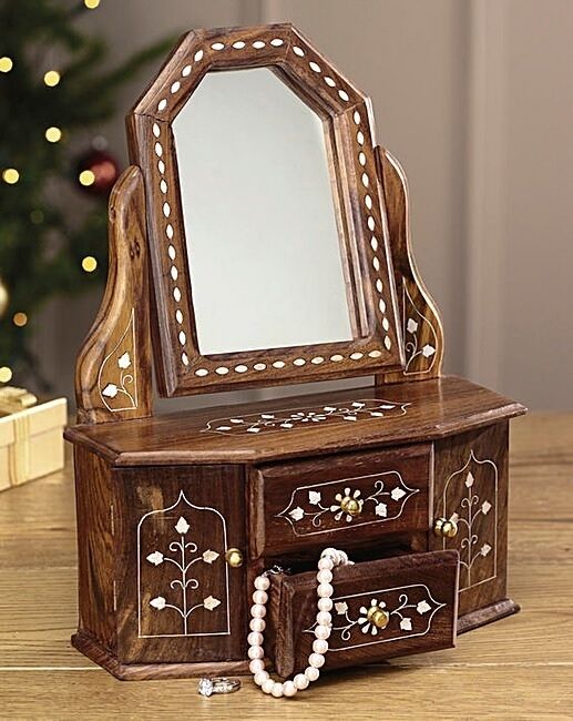 Stylish Solid Sheesham Wood Jewellery Box Cosmetic Caddy with Mirror 39x24x11