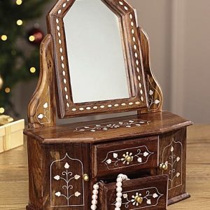 Stylish Solid Sheesham Wood Jewellery Box Cosmetic Caddy with Mirror 39x24x11