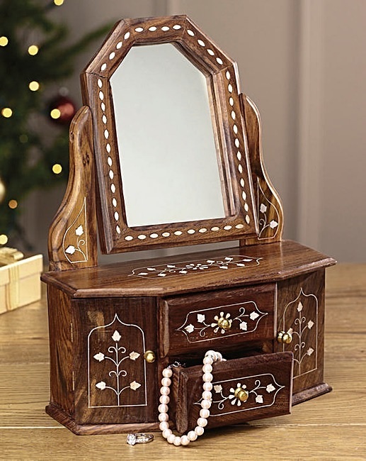 Stylish Solid Sheesham Wood Jewellery Box Cosmetic Caddy with Mirror 39x24x11