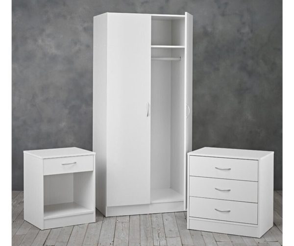 3 Piece Set 2 Door Robe bed side and 3 drawer chest Matt White - Image 3