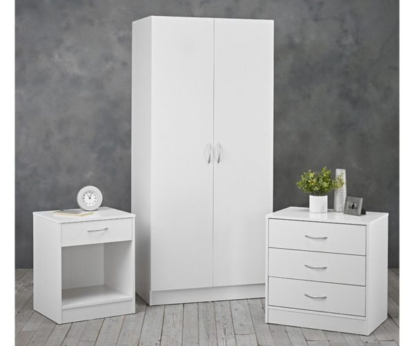 3 Piece Set 2 Door Robe bed side and 3 drawer chest Matt White
