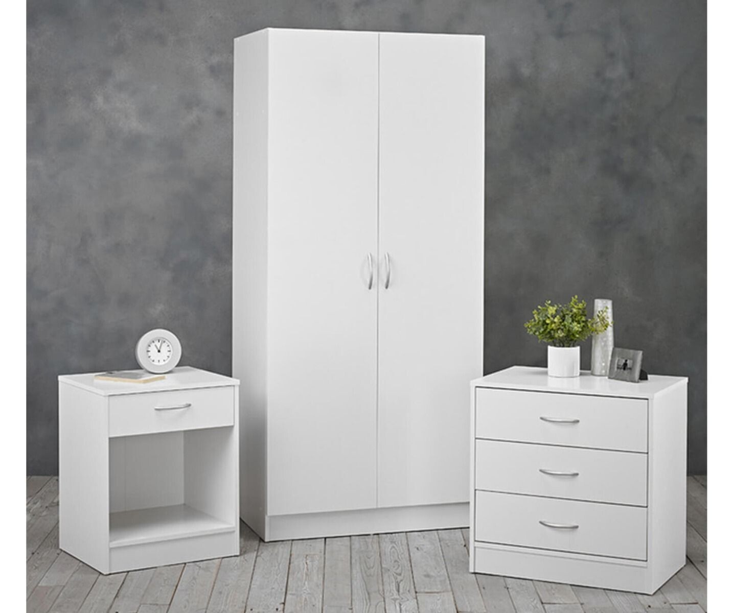 3 Piece Set 2 Door Robe bed side and 3 drawer chest Matt White