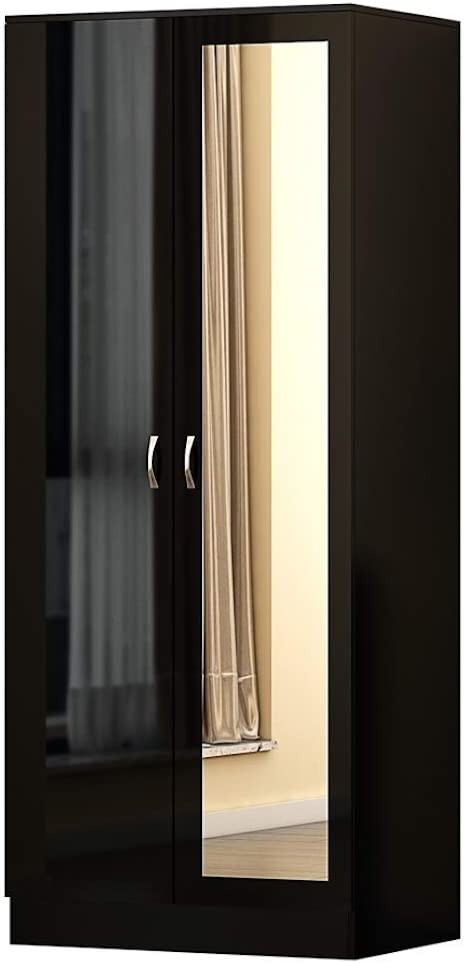 Black Gloss Chilton Modern Bedroom 2 Door Mirror Wardrobe with Storage Shelf