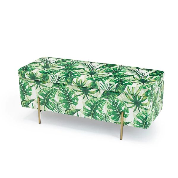 LOLA Large Storage Ottoman Bench Window Seat Palm Print Fabric with Gold Legs - Image 3