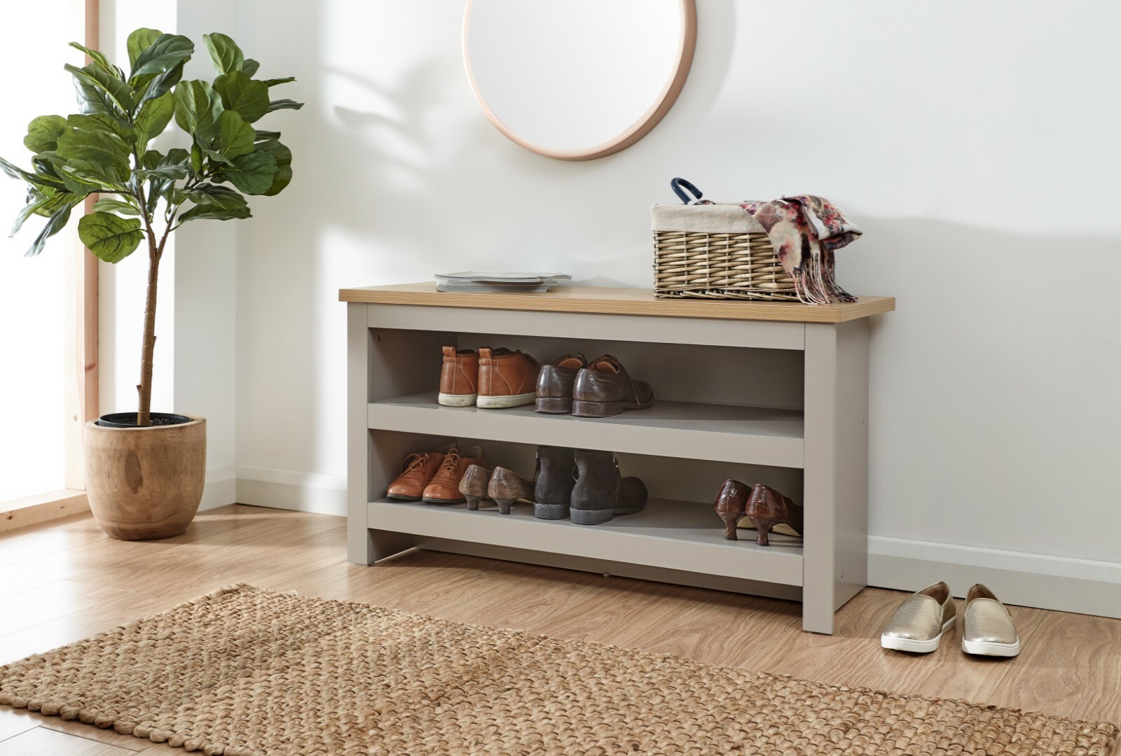 Lancaster 2 Shelf Shoe Storage bench Unit Grey & Oak Simple design