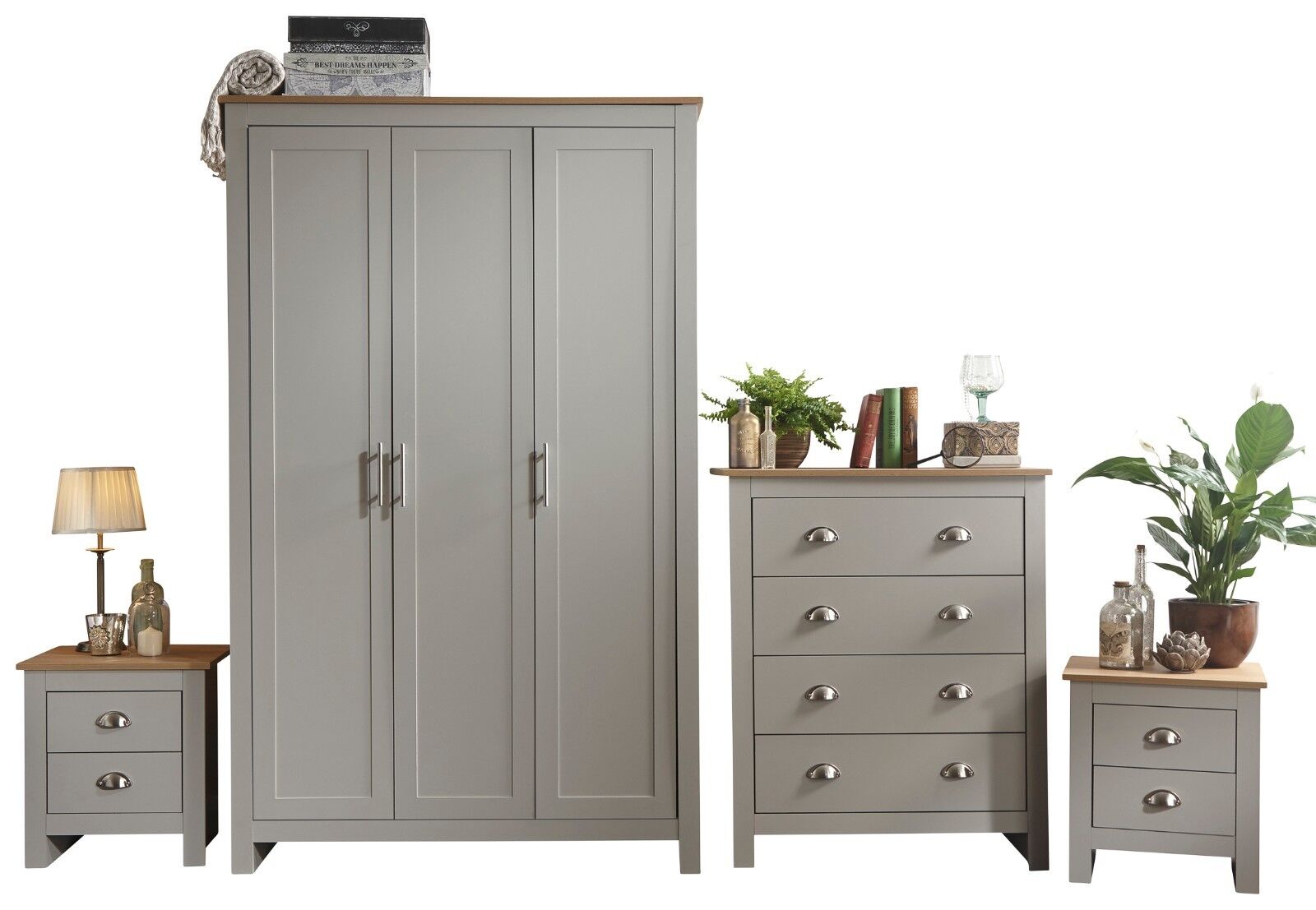 Lancaster 4 Piece bedroom set 3 Door Robe + 2 Bedside + 4 drawer chest Grey