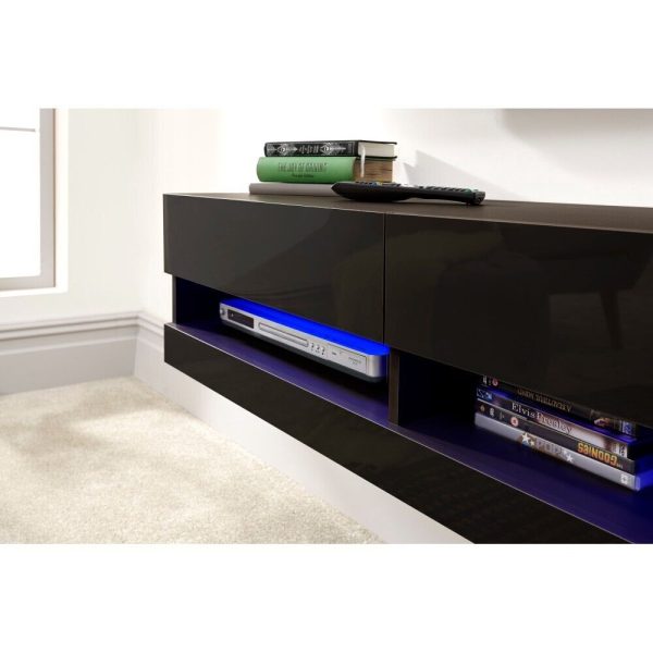 180cm LED Cool Light up High Gloss Wall Mount TV Unit Storage Black Minor Graded - Image 3