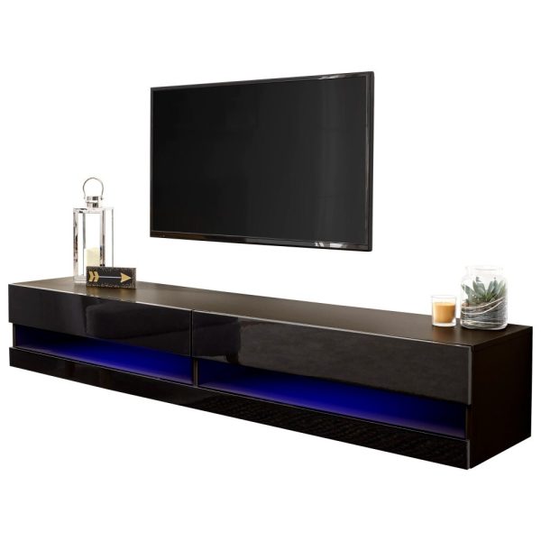 180cm LED Cool Light up High Gloss Wall Mount TV Unit Storage Black Minor Graded - Image 4