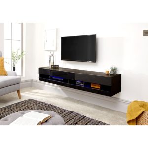180cm LED Cool Light up High Gloss Wall Mount TV Unit Storage Black Minor Graded