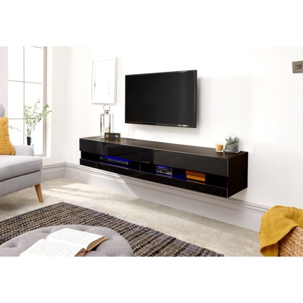 180cm LED Cool Light up High Gloss Wall Mount TV Unit Storage Black Minor Graded