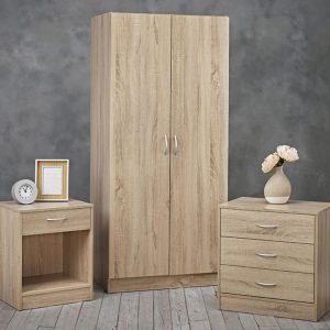 3 Piece Set 2 Door Wardrobe bed side and 3 drawer chest of drawers Oak colour