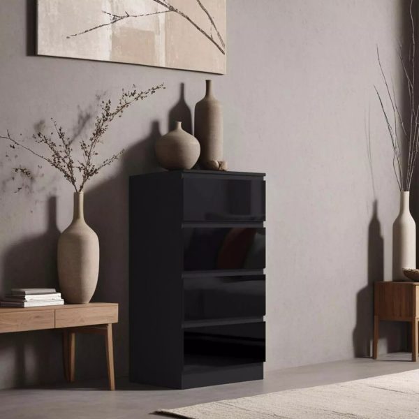 Black 4 Drawer Chest Of Drawers Bedside High Gloss Scratch Resistant