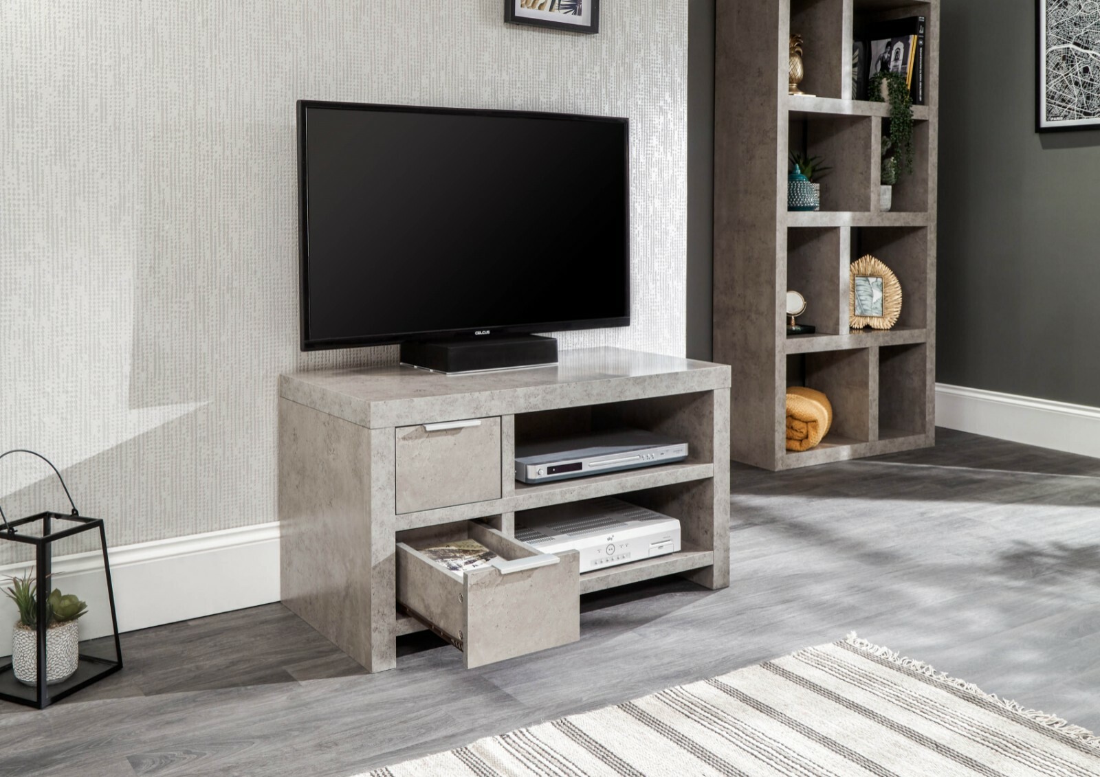 Bloc 2 Drawer TV Cabinet - Concrete Effect Grey - Cool Design