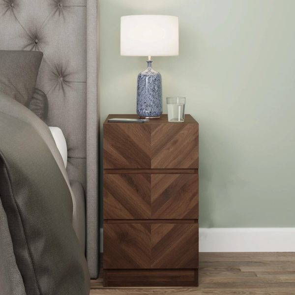 Catania Pair of 3 Drawer Bedside Tables Royal Walnut Herringbone design graded - Image 4