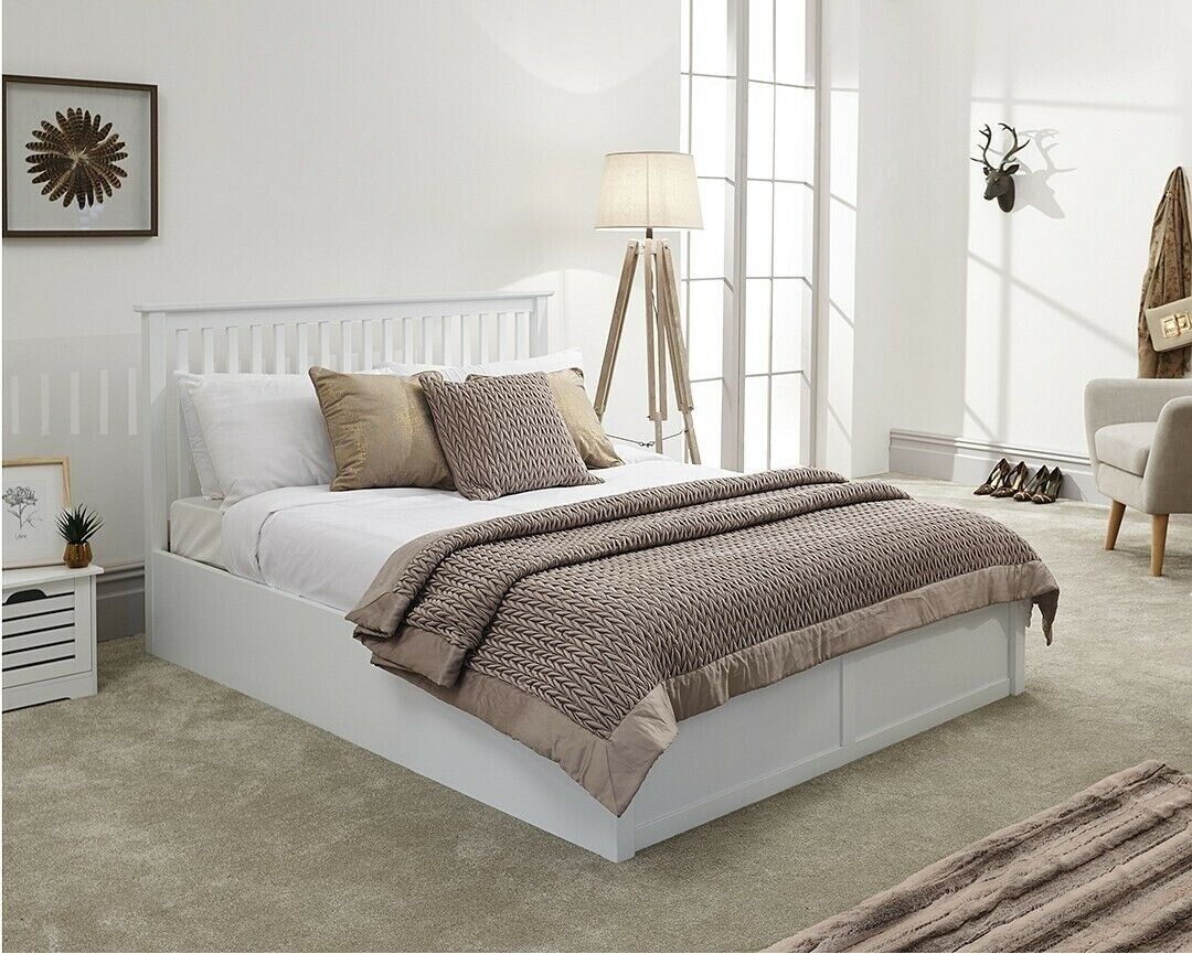 Como White Double 4ft 6t Wooden Ottoman Bed Gas Lift up Storage Shaker Straight