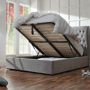 Dakota Fabric Winged End Lift Ottoman bed 4ft 6 Double Platinum Grey Solid Base