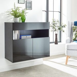 Galicia Black Gloss Wall Mounted Hung Sideboard with LED Storage shelves