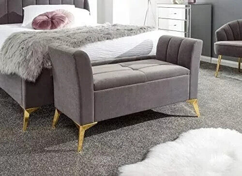 Grey Pettine Ottoman Bench classic sculpted design elegant window seat gold legs