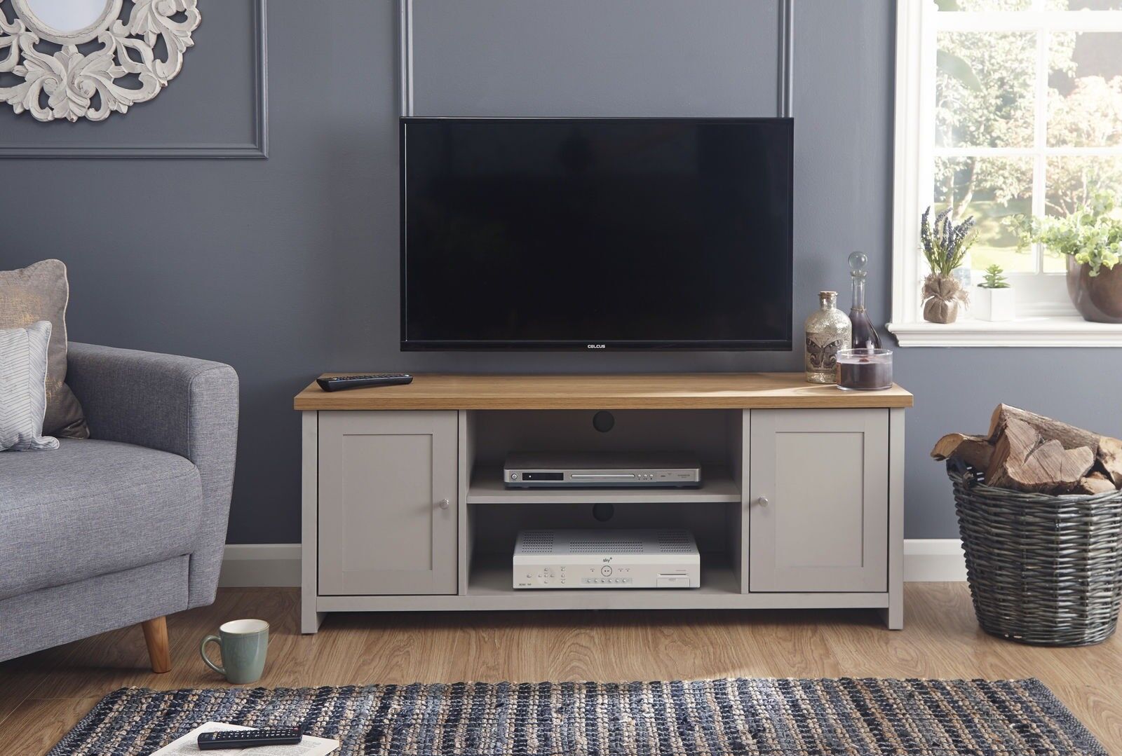 Grey and Oak 2 Door 2 Shelf Large TV Media Unit Lancaster Range
