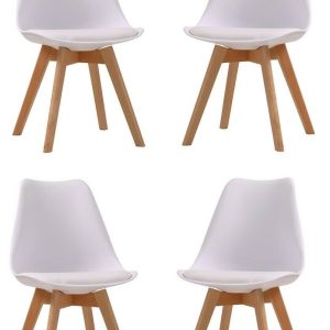 Set Of 4 White Plastic and Beech Cushioned Dining Chairs