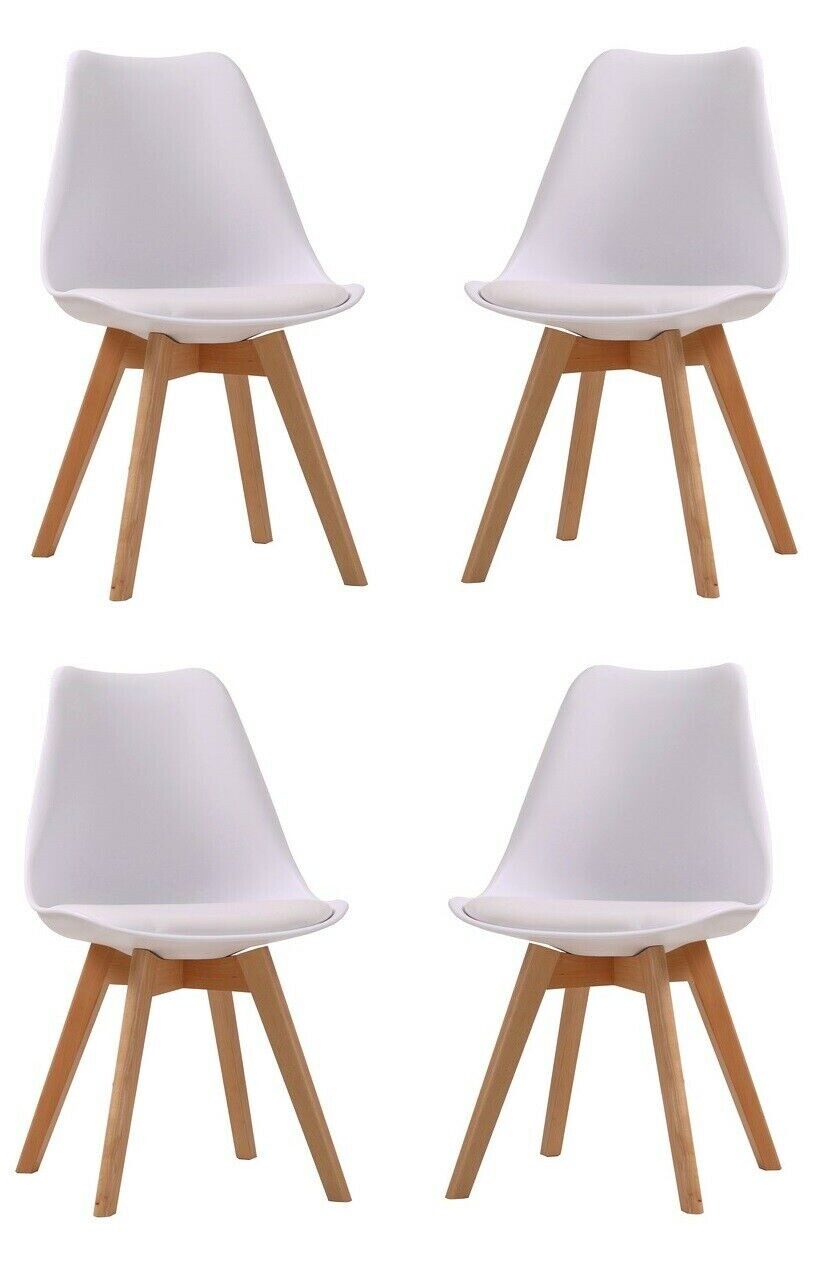 Set Of 4 White Plastic and Beech Cushioned Dining Chairs