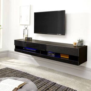 150cm Galicia LED Cool Light up High Gloss Wall Mounted TV Unit Storage Black