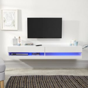 180cm Galicia LED Cool Light up High Gloss Wall Mounted TV Unit Storage White