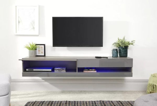 180cm Galicia LED High Gloss Wall Mounted TV Unit Storage Grey Graded 1