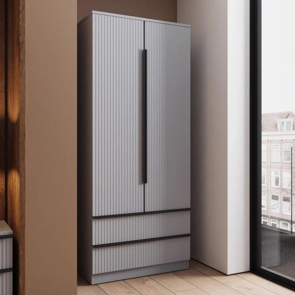 2 Door Combination Wardrobe Ripple Design Modern Bedroom furniture Matt Grey - Image 3