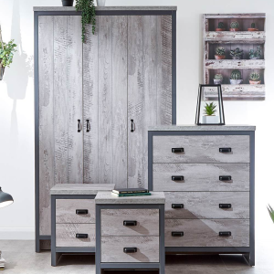 Boston 4 Piece Set 3 Door Wardrobe Bedside 4 drawer chest Grey loft studio